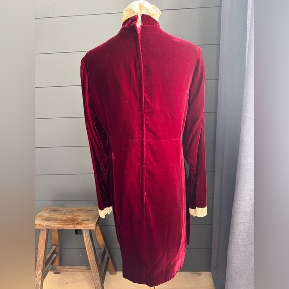 Vintage Red Velvet Like 1960’s Zippered Dress with Cream Lace, Christmas - Picture 6 of 16